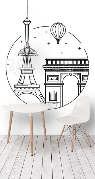 Picture of Round the emblem of the city of Paris drawn in a linear style depicting a vector of the landmark of the capital of France